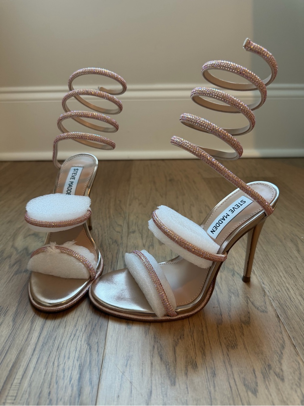 Steve Madden Rose Gold Spiral Strap Heels with Pink Rhinestone Detail - Picture 3 of 5
